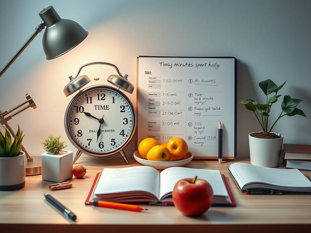 A desk with a clock, notebooks, a pen, an apple, and a bowl of oranges, alongside a whiteboard listing time management activities.